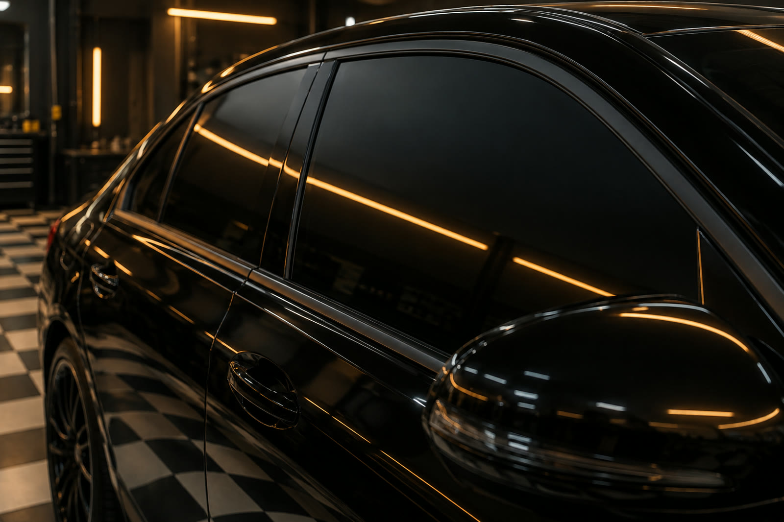 Vidro lateral de um carro preto com película fumê aplicada, refletindo a luz da oficina